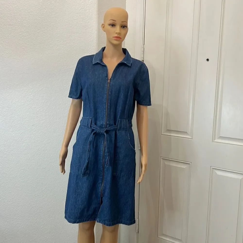 Forever 21 Denim Dress Sz Large 💯 Cotton Short Sleeve Belted Waist Pockets Midi